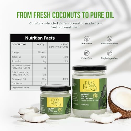 Image of 1000Farms Extra Virgin Coconut Oil 500 ml | 100% Certified Organic, Premium Cold Pressed & Unrefined | Edible Cooking Oil, Hair Oil & Baby Massage | Rich in MCTs | Glass Bottle