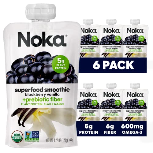 Noka Superfood Fruit Smoothie Pouches, Blackberry Vanilla, Healthy Snacks with Flax Seed, Prebiotic Fiber and Plant Protein, Vegan and Gluten Free, Organic Squeeze Pouch, 4.22 oz, 6 Count 1 Noka Superfood Fruit Smoothie Pouches, Blackberry Vanilla, Healthy Snacks with Flax Seed, Prebiotic Fiber and Plant Protein, Vegan and Gluten Free, Organic Squeeze Pouch, 4.22 oz, 6 Count