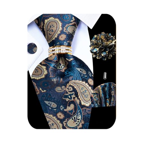 Image of 5PCS Mens Silk Tie, Pocket Square, Cufflinks, Drilled Tie Ring and Lapel Pin Set for Wedding Groom Party