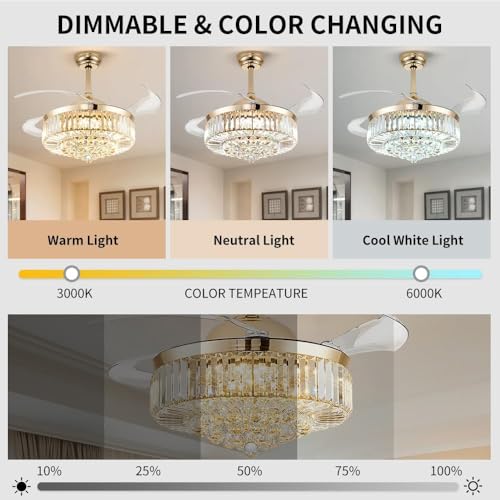 Image of 48'' Crystal Fandelier Ceiling Fan with Light, Gold