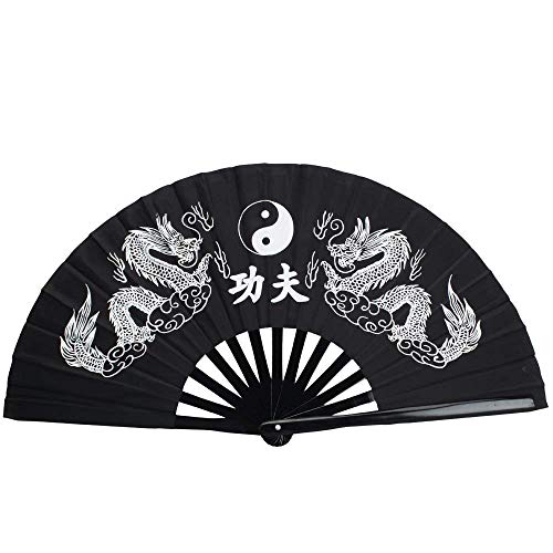 BSGP Abanico Chino Tai Chi Kung Fu de bambú Plegable con diseño de dragón y fénix (Negro)