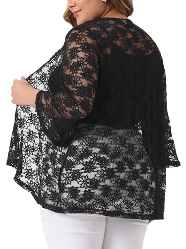 Agnes Orinda Plus Size Lace Cardigans for Women Open Front 3/4 Bell Sleeve Sheer Lace Crochet Formal Bolero Shrugs4