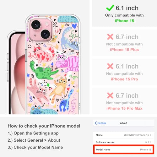 MOSNOVO for iPhone 15 Case, Compatible with Magsafe, Shockproof Military-Grade Protection 6.6ft Drop Tested, Magnetic Clear Phone Case for iPhone 15, Doodle Cats Design by MOSNOVO - Used condition - Image 2