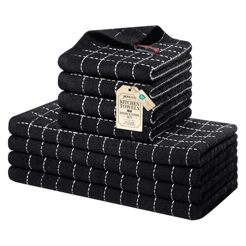 Homaxy Kitchen Towels and Dishcloths Set, 12 x 12 and 13 x 28 Inches, Set of 8 Bulk Cotton Terry Kitchen Towels Set, Checkered Designed, Soft and Super Absorbent Dish Towels, Black