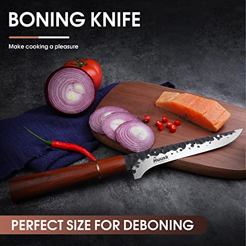 Huusk Boning Knife for Meat Cutting, 7 Inch Fillet Knife Hand Carbon Steel Butcher Knife