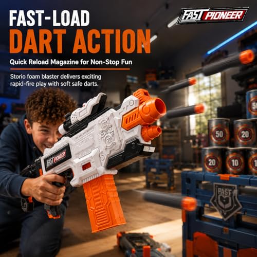 Image of Storio Rechargeable Alpha Striker Electric Motorized Toy Gun | Soft Dart Blaster with Type-C Charging | Rapid Fire Shooting Toy with 20 Foam Bullets | Gift Toy for Kids 8+, Teens & Adults (Pack of 2)