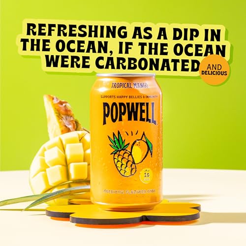 Image of Popwell Tropical Mango Better-For-You Prebiotic Soda, with 6g Fiber, 1g Sugar, Vitamins and Immunity Support, 12 fl oz Cans (pack of 12)
