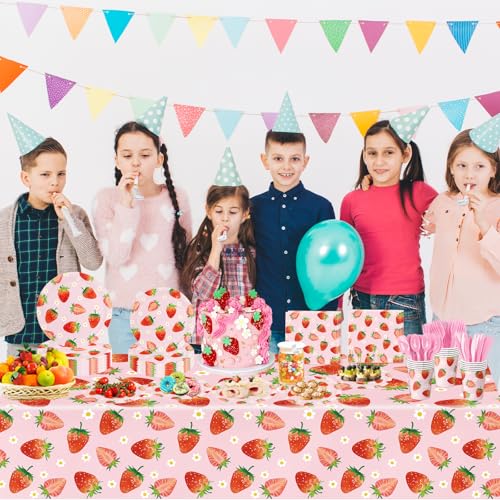 Image of 3 Pack Strawberry Tablecloths Strawberry Birthday Plastic Table Cover for Berry First Birthday Decor Baby Shower Party Decorations, 54 x 108 Inch