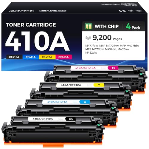 410A Toner Cartridge 4-Pack High Yield Replacement for HP 410A CF410A CF411A CF412A CF413A Compatible with HP Color Laserjet Pro MFP M477fdn M477fdw M477fnw M452dn M452dw M452nw M377dw Printer Black
