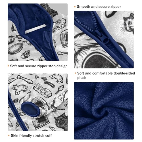 Black White Line Cat Girls Fleece Jacket Girls Fall Jacket Boys Coats Zip Up Hoodie Children Sherpa Warm Outerwear 2-10T3