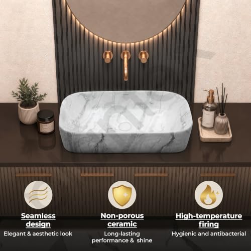 Image of Plantex Tabletop Wash Basin /Bathroom Sink /Wash Basin Over Counter /Designer Ceramic Wash Basin for Bathroom (21.5x14x4.5 Inch - Marble Finish)