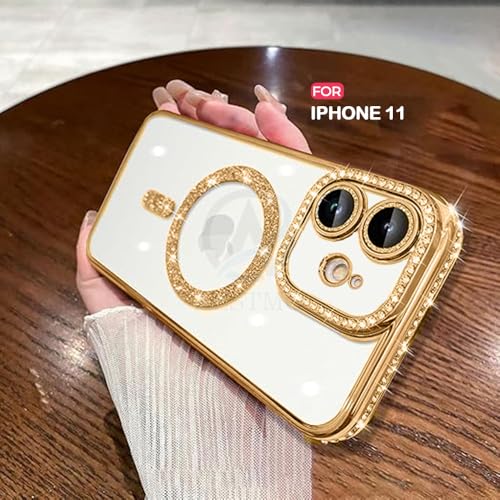 Image of AESTMO Back Cover for iPhone 11 Compatible with MagSafe | Diamond Glitter Case | Luxury Bling Rhinestone Soft Clear TPU Bumper | Camera Lens Protection Cover for iPhone 11 (Gold)