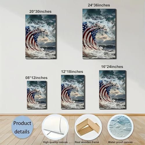 Image of Framed American Flag Ocean Wave Wall Art, Patriotic Abstract Canvas Art Pictures, USA Flag Wall Decor, Made in USA Ready to Hang for Living Room Bar