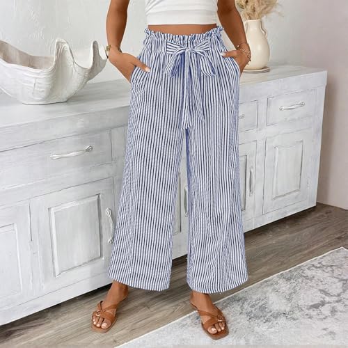 Striped Pants Women Drawstring Wide Leg Linen Pants Lightweight High Waisted Comfy Lounge Trousers with Pockets3