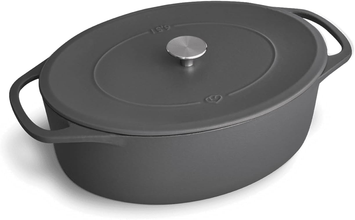 SPRINGLANE Cocotte mit Deckel, Grau, oval, 33 cm, 6,5 L, Gusseisen Bräter, Schmortopf Induktion…