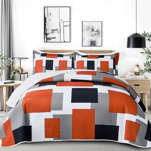 Image of Tyrot 3 Piece Orange Grey Quilt King Size Black White Gray Bedding Set | Lightweight Bedspread, Geometric Coverlet with 2 Sham, Modern Abstract Soft Microfiber, Bed Cover for All Season, 106''x96''