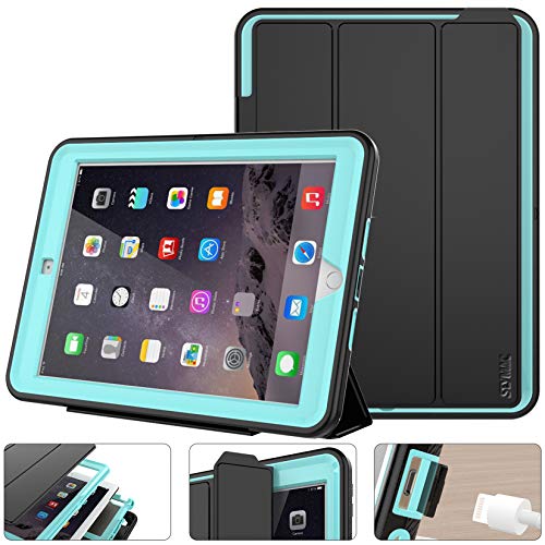 SEYMAC stock Case for iPad 5th/6th Generation 9.7 inch, Heavy Duty Shock-Proof Smart Cover Auto Sleep Wake with Leather Stand Feature for iPad 2017/2018 Released (Black/Sky Blue)