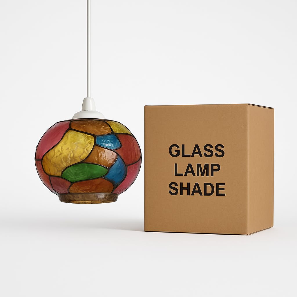 Vintage Mosaic Glass Pendant Light Shade Amber Glass Globe Tempered Sphere Ceiling Hanging Lamp Fixture for Home, Bedroom, Café, Restaurant Decor Lighting (Style 2)