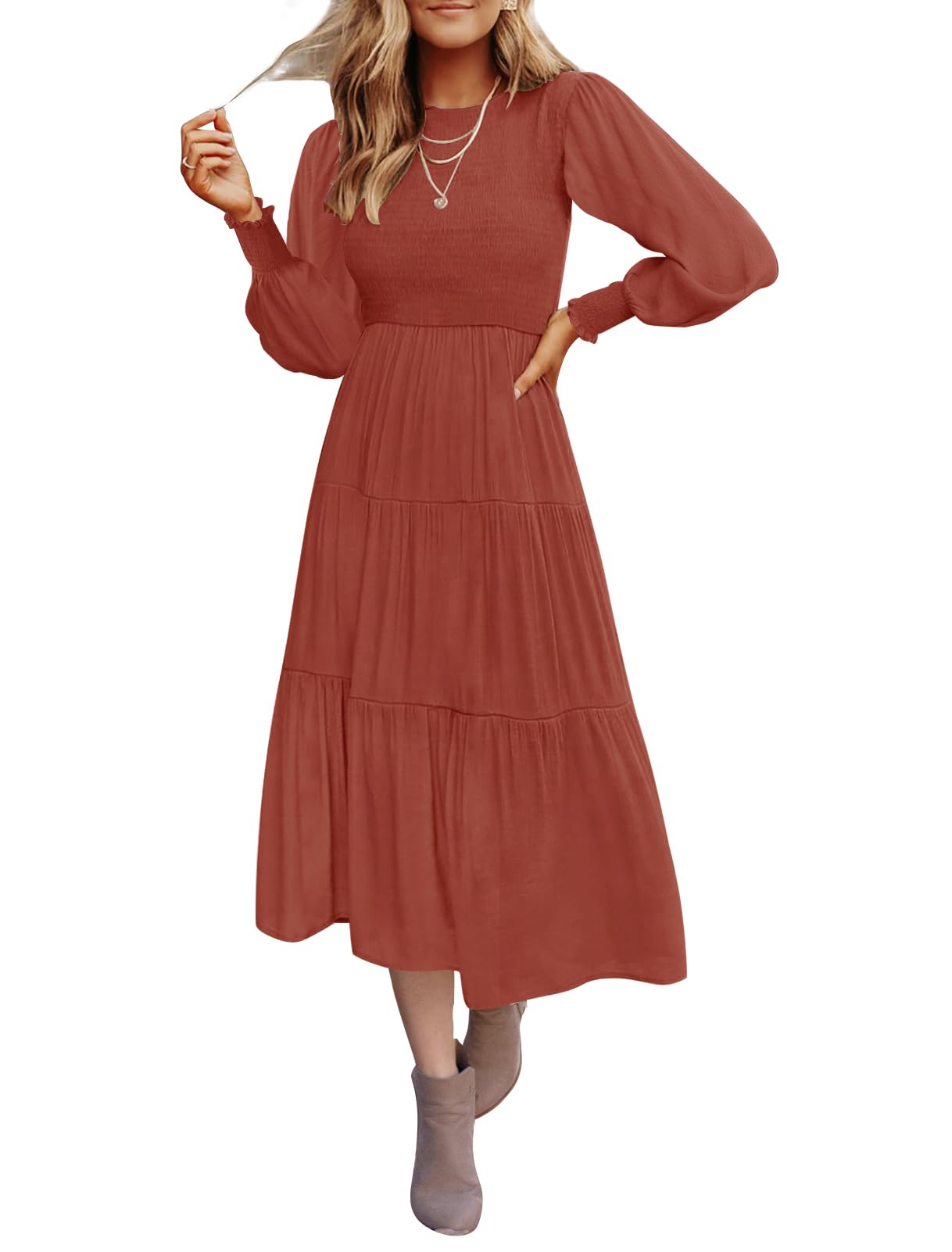 ZESICA Women's Casual Long Sleeve Crew Neck High Waist Smocked Flowy Tiered Midi Dress