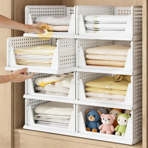 STERIX 6pcs Clothes Storage Box Foldable Wardrobe Organizer Multi-Purpose Stackable Plastic Storage Basket for Wardrobe Cupboard Kitchen Office Save space Large Stackable Drawer