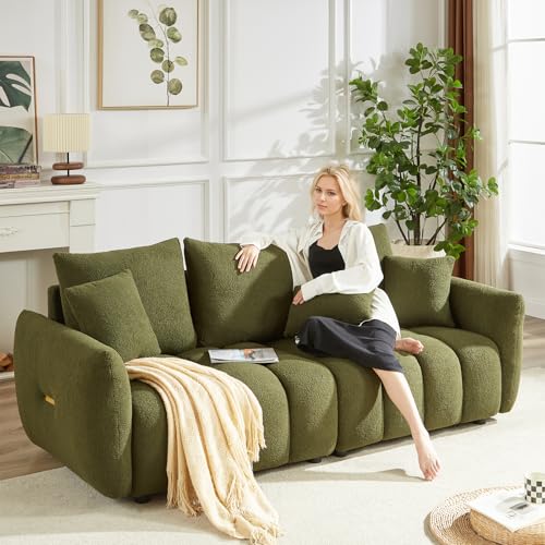 Image of Antetek Set of 3 Teddy Fabric Sofa for Living Room, Modern 2 Units Deep Seat Sofa Chairs and an Oversized 3-Seater Cloud Boucle Couch for Bedroom, Office, Apartment, Furniture Set, Green (3 Pieces)