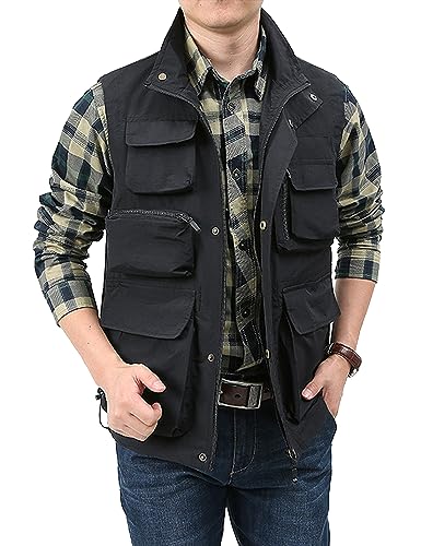 Vanchenl Herren Casual Leichtgewicht Utility Weste Outdoor Angeln Safari Gilet Cargo Schießen Reise Weste mit Taschen Schwarz L