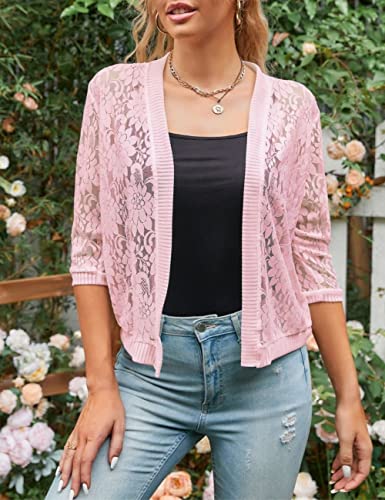 Image of Chevara Women's Casual Summer Lace Cardigan 3 /4 Sleeve Floral Crochet Cardigans Shrug Sweaters