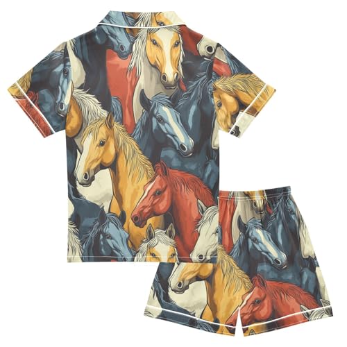 Satin Pajama Sets Short Sleeve Colorful Cool Horses Pattern Button Down Silky Nightwear 2 Piece PJS 5-14Y2