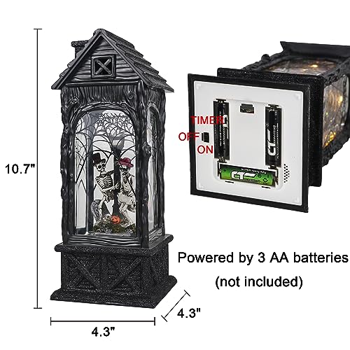 Eldnacele Halloween Ghost Projection Snow Globe Lantern with 6-Hour Timer, Lighted Plug-in & Battery Operated Water Glittering Snowing Globe Lamp for Spooky Fall Halloween Indoor Decoration(Skeleton)2