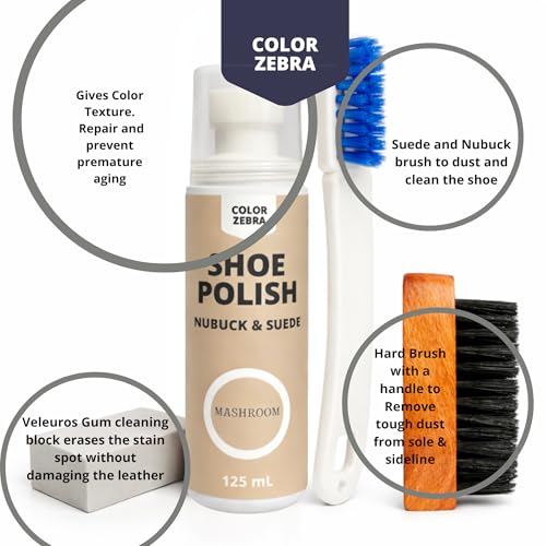 Image of Color Zebra Nubuck & Suede Shoe Polish and Shoe Care Kit | 125 ML Renovator with Handled Brush, Wooden Suede Brush & Cleaning Block