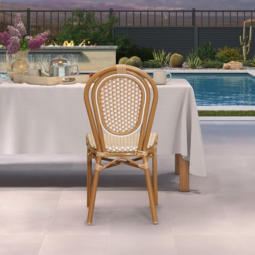 Image of PURPLE LEAF Patio Dining Chair Set of 1 Outdoor French Aluminium Frame in Bamboo Finish with Amber & White Woven Rattan for Indoor Kitchen Deck Bistros Cafe Restaurant