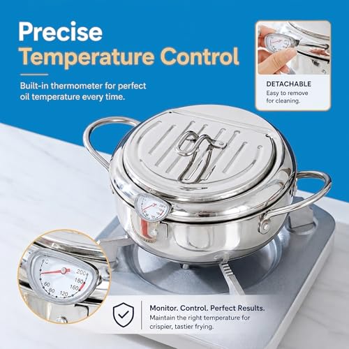 Image of FIRE RIOT Deep Fryer Pot 4.3L / 4.54 Qt (145 oz), Japanese Tempura Frying Pot with Thermometer & Lid, 304 Stainless Steel Fryer with Oil Drip Drainer Rack for French Fries, Chicken, Shrimp & More