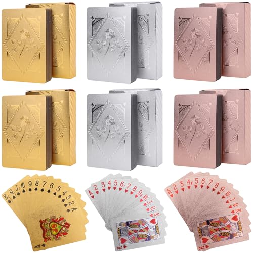 Jucoan 6 Decks of Playing Cards, Waterproof Plastic Poker Cards, Gold Foil Playing Cards for Party Game, Poker Size, Standard Index, (2 Gold, 2 Silver, 2 Pink) by Jucoan - Used condition - US$15.45