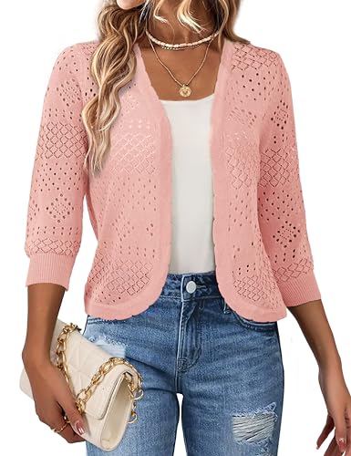 Image of REDHOTYPE Women's 3 /4 Sleeve Cardigan Open Front Cropped Shrugs Summer Hollowed Lightweight Cardigans Sweater (S-XL)