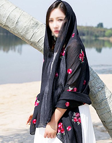 Women Exotic Style Floral Embroidery Cotton Linen Scarf Spring Autumn Long Scarf Summer Beach Shawl Wrap Black3
