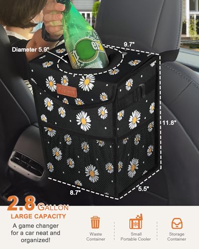 Image of Pritent Car Trash Can with Lid, Cute Leakproof Car Trash Garbage Bag Hanging Vehicle Trash Bin Small Portable Automotive Garbage Cans Organizer for Back /Front Seat /Console(2.8 Gallons,Black Flower)