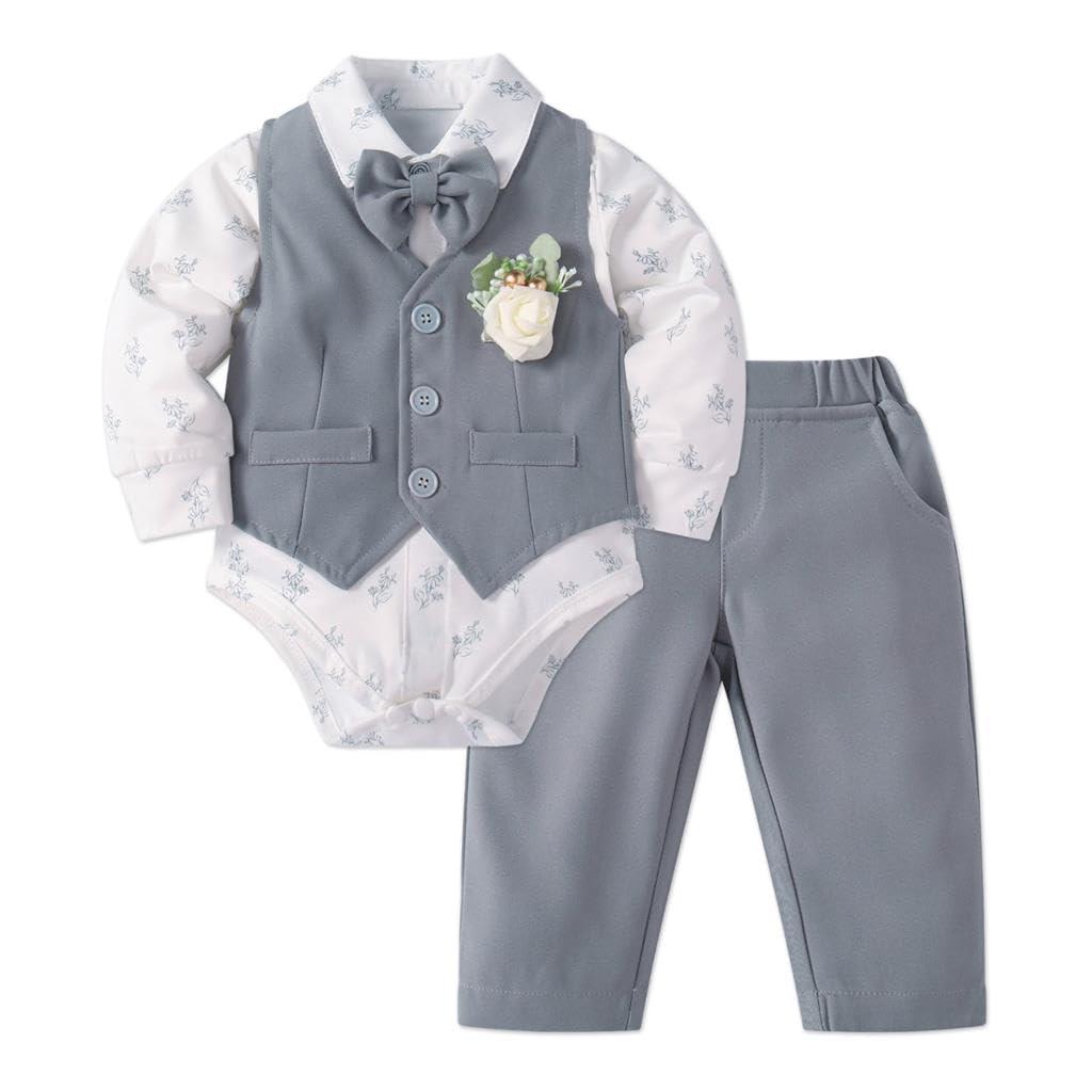 Lito Angels Costume Bebe Garcon Ensemble 5 Pieces avec Gilet Chemise Pantalon Noeud Papillon et Fleur pour Bapteme Mariage Anniversaire Noel Paques Tenue Ceremonie Mois Age 0-24