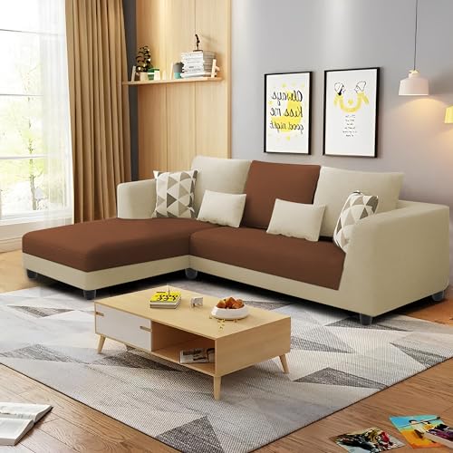 Image of Galib LHS 4 Seater L Shape Sofa Set for Living Room (Cream Brown Fabric) Premium Fabric Sofa