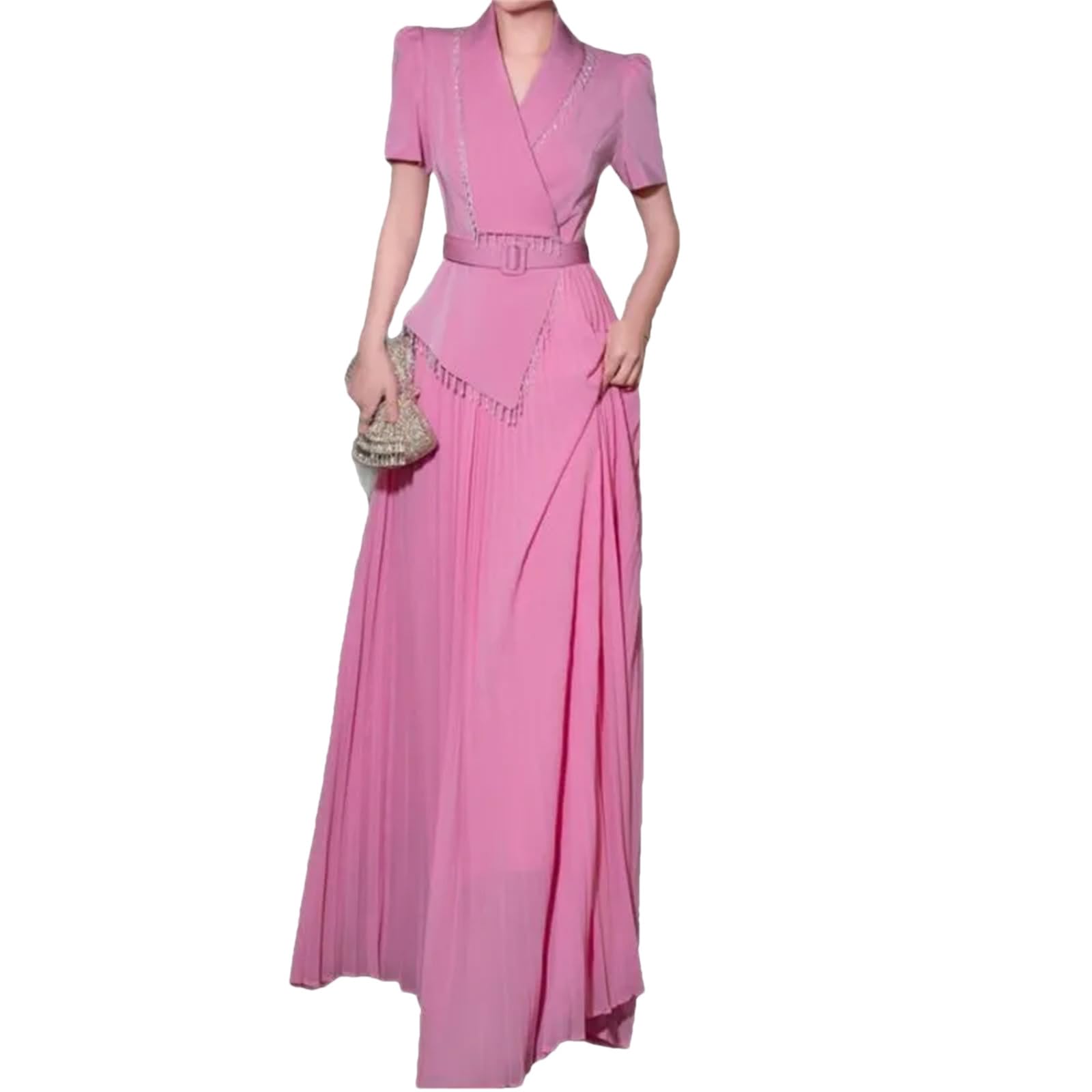 Yeuyyben Moda pieghe irregolare vestito donna girare giù collare manica corta cintura abiti