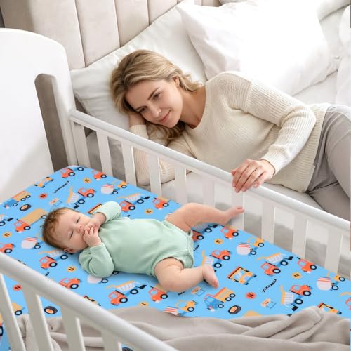 Image of JISEN Baby Fitted Crib Sheets for Boys Girls 52x28 Inch Blue Trucks