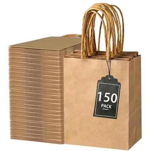 SPERPAND 150 mini bolsas de papel kraft, bolsas de papel marrón pequeñas de 6.5 pulgadas con asas para cumpleaños, baby shower, Navidad, boda, bolsas de recuerdos de fiesta