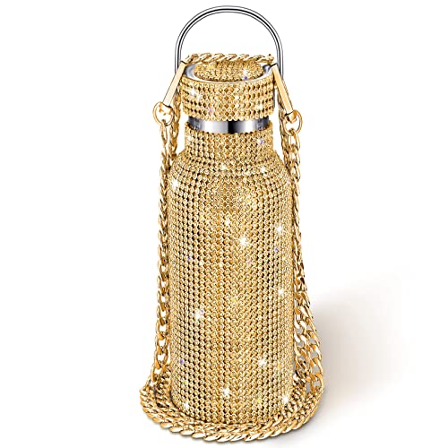 Geiserailie Botella Térmica de Agua Diamante con Rhinestones Brillantes de Acero Inoxidable Reutilizable 750 ml Color Oro