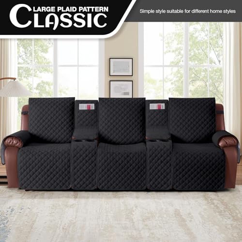 Image of KinCam 100% Waterproof Recliner Sofa Cover with Console, Non-Slip Reclining Couch Covers for 3 Seat, Recliner Couch Cover Furniture Protector with Elastic Straps for Pets, Kids, Black