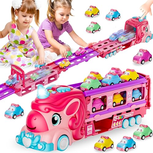 Image of Funwee Unicorn Car Toys for 2 3 4 5 6 7 Year Old Toddler Girls,Princess Carrier Truck with Sound & Lights,2 Player Race Mode Foldable Track Pink Car Toys,Birthday Gift Idea for Kids