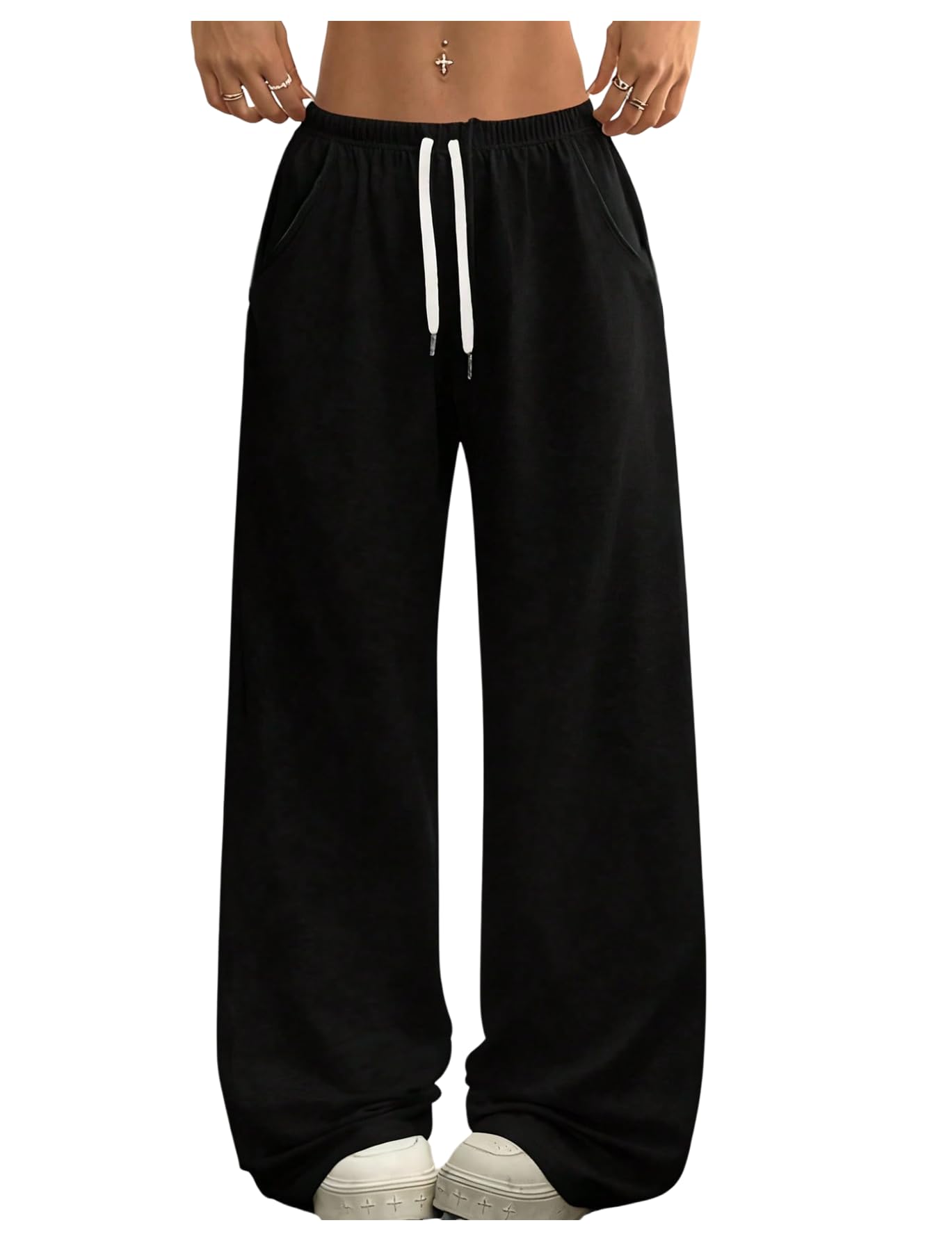 Womens Drawstring Waist Straight Wide Leg Pants Casual Loose Baggy Workout Long Fall Sweatpants with Pocket