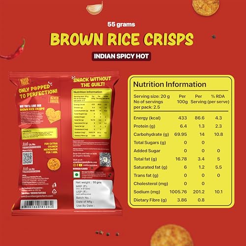 Image of Asmita Organic Farms Brown Rice Popped Crisps (55g, Pack of 3) | Not Baked, Not Fried | Low Fat, High Fiber, with Foxtail Millet | Healthy, Low-Calorie, Popped Snack | Indian Spicy Hot Flavor, Guilt-Free Snack Option