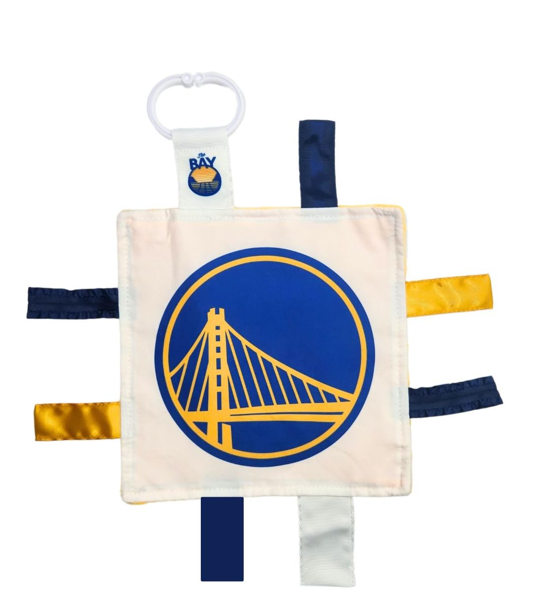 Golden State Warriors - Juguete de etiqueta para bebé de 8 x 8 pulgadas, baloncesto de la NBA, juguetes sensoriales arrugados para bebés, suave y seguro, juguete ideal para cochecito de bebé, sin BPA con clip para cochecito (juguete de etiqueta de 8 x 8 p