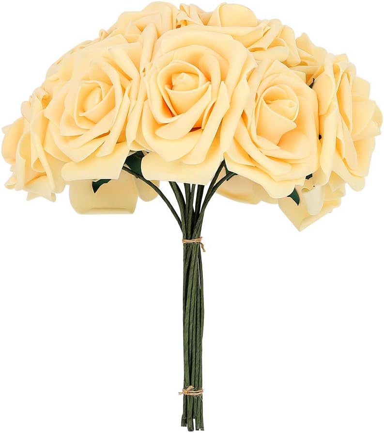 Febou Artificial Flowers, 50 pcs Real Touch Artificial Foam Roses Decoration DIY for Wedding Bridesmaid Bridal Bouquets Centerpieces, Party Decoration, Home Office Decor (Standard Type, Light Yellow)