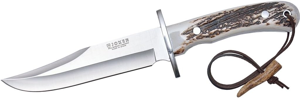 Joker Bowie CC96 Hunting Knife 6.3" Full Tang – Mova 1.4116 Stainless Steel Blade – Deer Antler Handle – Leather Brown Sheath – Handmade in Spain – Ideal for Hunting, Bushcraft, Camping, and Fishing