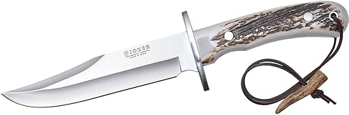 Joker Bowie CC96 Cuchillo de caza de 6.3 pulgadas de espiga completa - Hoja de acero inoxidable Mova 1.4116 - Mango de asta de ciervo - Funda de
